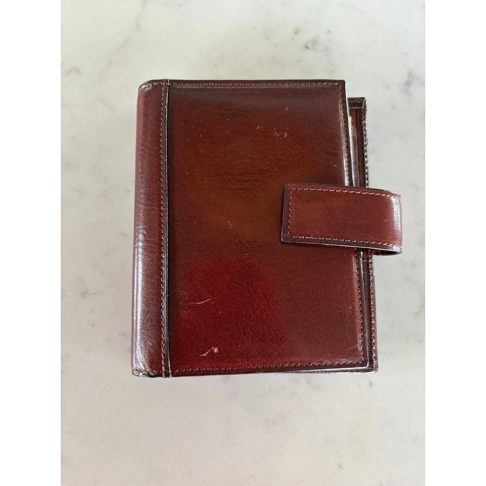 Tumi Brown Leather Bifold Wallet Snap Tab Closure Elastic Hand Strap Mens